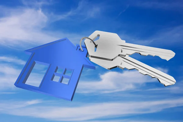 Anel chave 3D com pingente de casa no fundo do céu — Fotografia de Stock