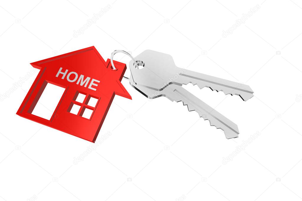 3D key ring with house hanger on white background