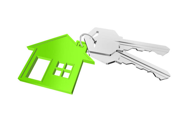 3D ключ кольцо с вешалкой дома на белом фоне
