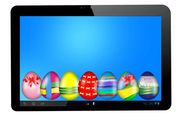 Uova di Pasqua colorate su display tablet isolato su bianco — Foto Stock