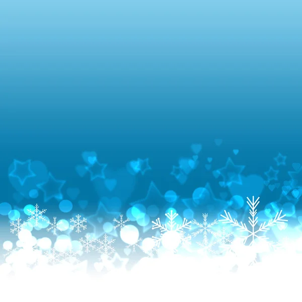 青、白のクリスマスの背景にボケ、星と雪の結晶 — ストック写真