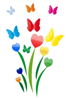 Renkli buket kalpler beyaz arka planda kelebekler soyut