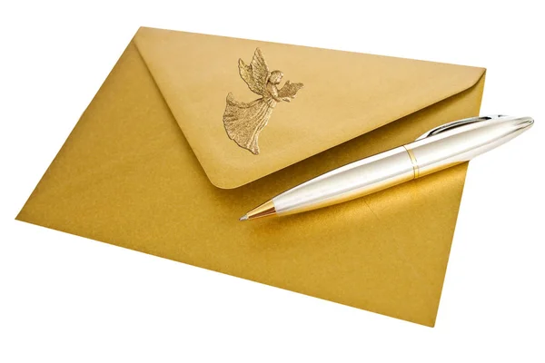 Golden envelope with ballpoint pen — Stock Photo, Image