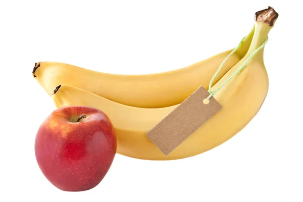 Banana con manzana roja y etiqueta — Foto de Stock