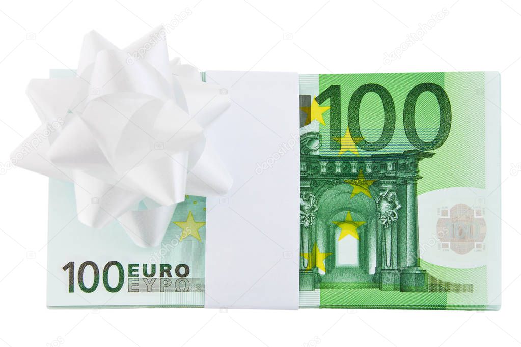 Fotos de Billetes de 100 euros con cinta regalo sobre fondo blanco - Imagen  de © Pixelot #320239552