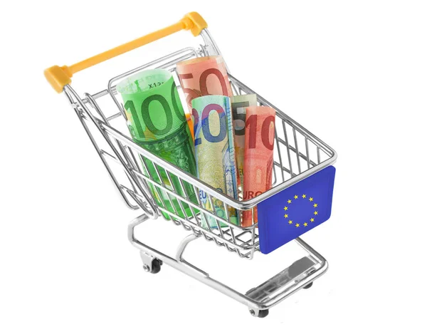 Carrito de compras con dinero en euros y espacio de copia — Foto de Stock