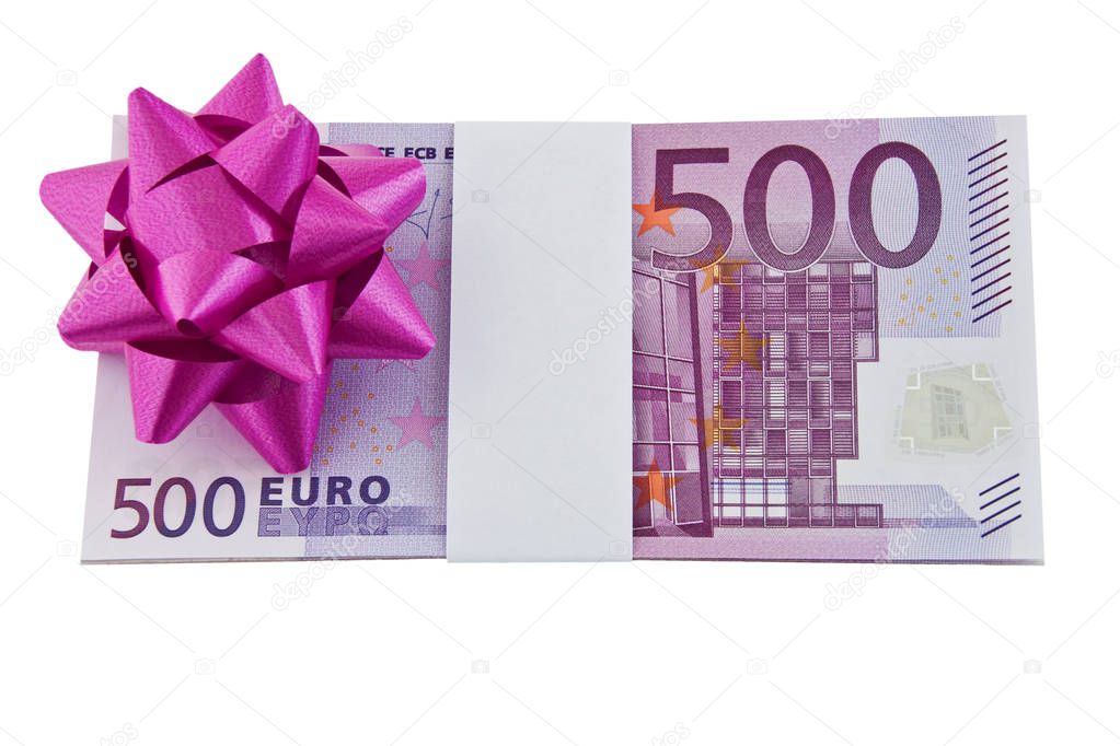 500 Euro banknotes with gift ribbon on white background