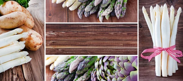 Asparagus and vegetable collage on wood background