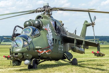 Swidnik, EPSW airdrome / Poland - 2018.06.10: The Polish Air Force Mil Mi-24 is a large helicopter gunship, attack helicopter and low-capacity troop transport.