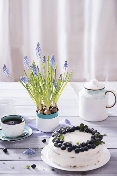 Een Mooie Smakelijke Taart Met Witte Room Verse Bosbessen Versierd — Stockfoto