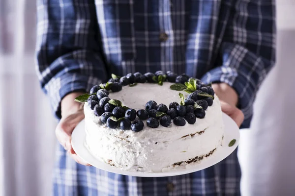 Hands Woman Holding Plate Beautiful Tasty Cake White Cream Fresh — Stock Photo, Image