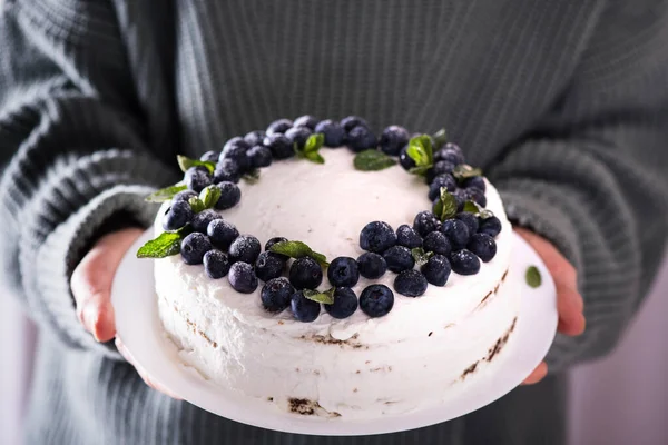 Hands Woman Holding Plate Beautiful Tasty Cake White Cream Fresh — Stock Photo, Image