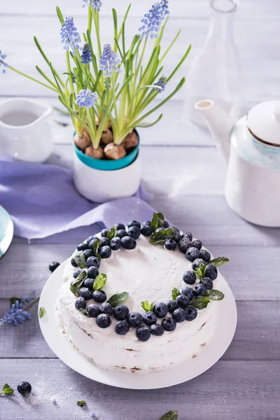 Beautiful Tasty Cake White Cream Fresh Blueberries Decorated Mint Leaves — Stock Photo, Image