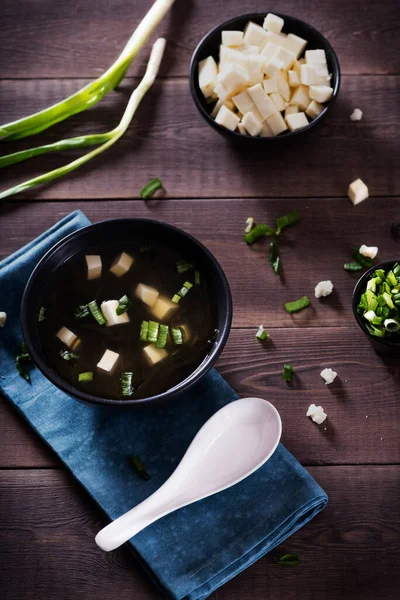 Japanese Hot Miso Soup Black Bowl Wooden Table Horizontal View — Stock Photo, Image