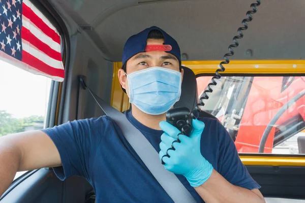 Fotos Cerca Camioneros Asiáticos Que Usan Máscaras Para Protegerse Contra — Foto de Stock