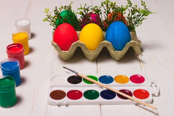 Tarjeta Felicitación Pascua Con Huevos Colores Pascua Familia Vacaciones Concepto — Foto de Stock