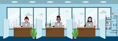 İş adamları, modern ofis içi, patronlar ve çalışanlar. Yaratıcı ofis çalışma alanı ve çizgi film karakter biçimi vektörü