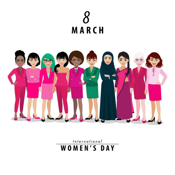 Uluslararası Kadınlar Günü. Kart, poster, farklı milletler ve kıyafet stillerinin bir arada durduğu bir taslak. Çizgi film karakteri veya düz tasarım vektörü — Stok fotoğraf