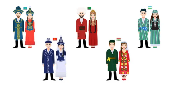 Geleneksel kostümlü, bayrak vektörlü 10 Orta Asya erkek ve kadın çizgi film karakteri. 