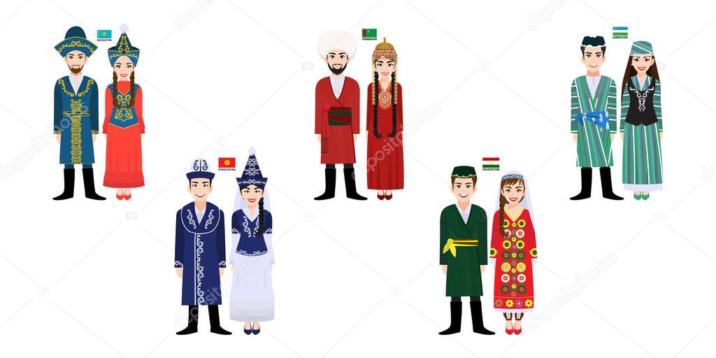 Set of 10 Central Asia men and women cartoon characters in traditional costume with flag vector 