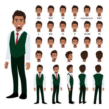 Çizgi film karakteri. Çizgi film karakteri. Çizgi film karakteri. Ön, yan, arka, 3-4 görüntü karakteri. Vücut parçalarını ayır. Düz vektör çizimi. 297