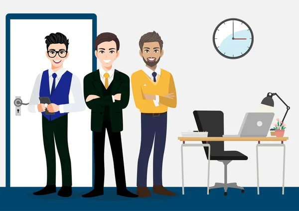 Teamwork Concept Businessmen Cartoon Character Design Three Males Standing Office — Stock Vector