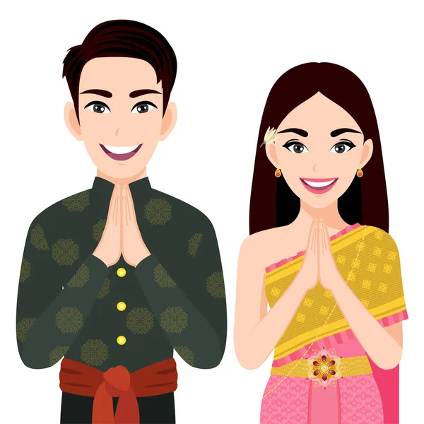 Thailand Male Female Traditional Costume Thai People Greeting Sawasdee Thai — Stock Vector