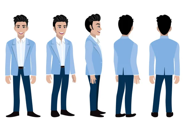 Kreslená Postava Obchodníkem Modrém Obleku Pro Animaci Přední Boční Zadní — Stockový vektor