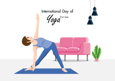 21 Haziran uluslararası yoga günü ile çizgi film karakteri. Kadın yoga düz ikon tasarımını pastel renk çizimi ile yapıyor.