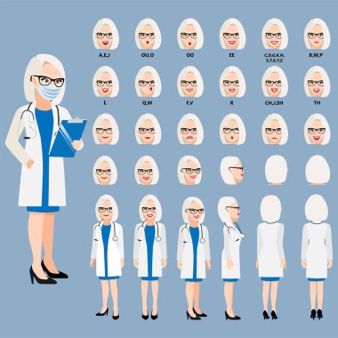 Çizgi film karakteri. Animasyon için akıllı üniformalı profesyonel bir doktor. Ön, yan, arka, 3-4 görüntü karakteri. Vücut parçalarını ayır. Düz vektör illüstrasyonu.