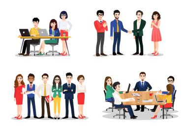 Ofis çalışanı hazır. Bir grup kadın ve erkek iş görüşmelerine, müzakerelere, beyin fırtınalarına, birbirleriyle konuşmaya katılıyorlar. Düz çizgi film tarzında renkli vektör illüstrasyonu 