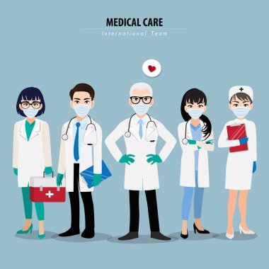 Profesyonel doktor ve hemşirelerin yüzüne tıbbi maske taktığı çizgi film karakteri Corona virüsü ikon tasarım vektörüyle savaşmak için bir arada duruyor.