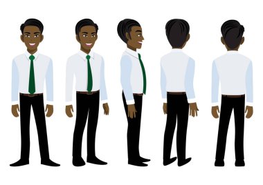Çizgi film karakteri, animasyon için akıllı gömlekli Amerikalı Afrikalı iş adamı. Ön, yan, arka, 3-4 görüntü animasyon karakteri. Düz vektör illüstrasyonu.