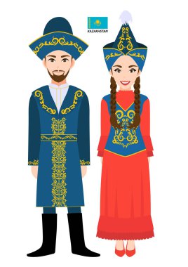 Kazakistan geleneksel kostüm vektöründe birkaç çizgi film karakteri