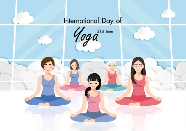 Cartoon Personaggio Con Giugno Giornata Internazionale Yoga Con Femminile Pratica — Vettoriale Stock