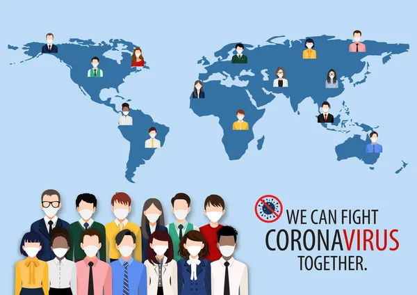 Cartoon character with people around the world wearing face masks standing fighting for Corona-virus, Covid-19 on world map. Corona virus disease awareness vector.