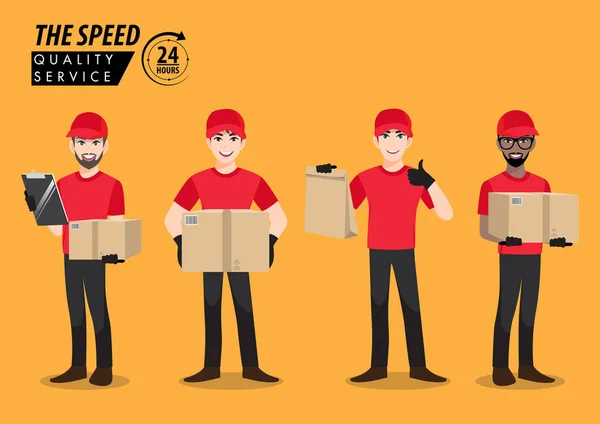 四个身穿红帽 空白T恤制服的送货工人拿着用黄色背景 扁平图标和卡通设计矢量隔开的空纸板箱 盒子和纸袋 — 图库矢量图片