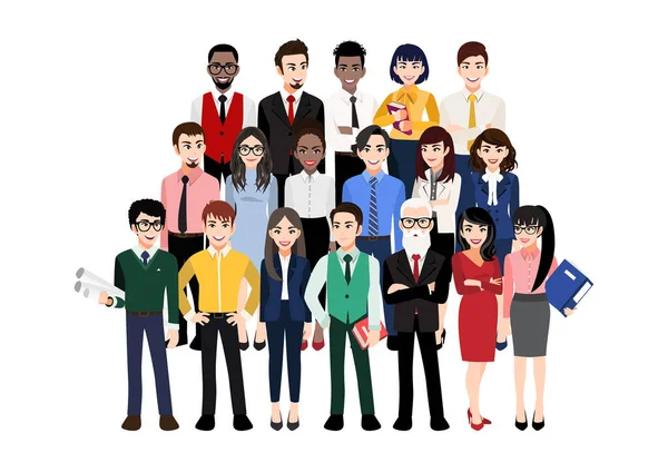 卡通人物与现代商业团队 各种不同的商人和公司成员站在一起的生动例证 与白种人隔离 — 图库矢量图片