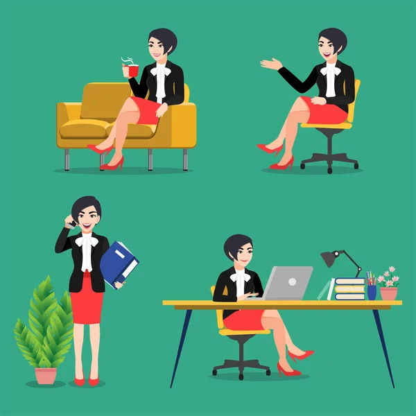 Cartoon Character Business Woman Poses Set Business People Working Sitting — Stock Vector