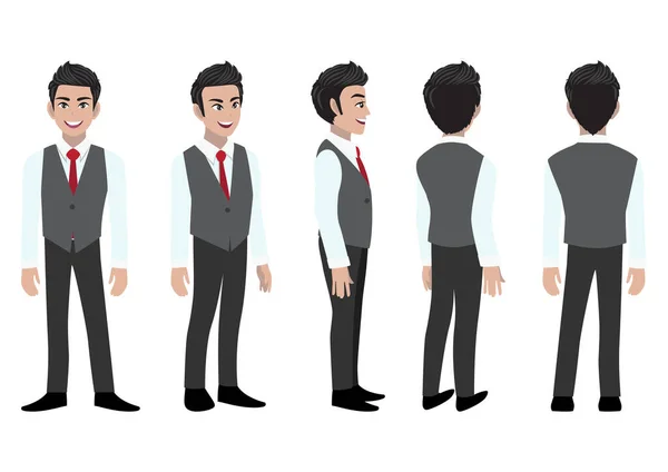 Businessman Cartoon Character Smart Shirt Waistcoat Animation Front Side Back — Stock Vector