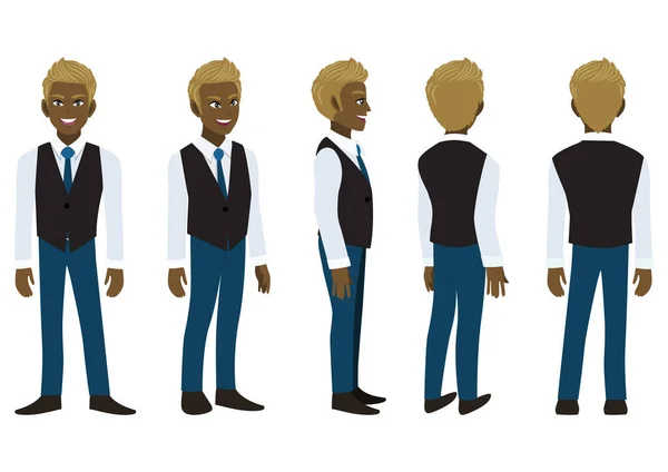 Cartoon Character American African Business Man Smart Shirt Waistcoat Animation — Stock Vector