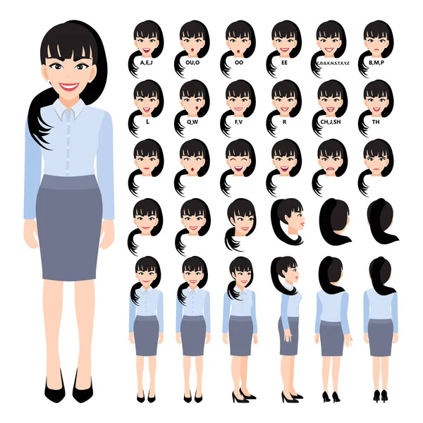 Zeichentrickfigur Mit Geschäftsfrau Schicken Hemd Für Animation Vorderseite Seite Rückseite — Stockvektor