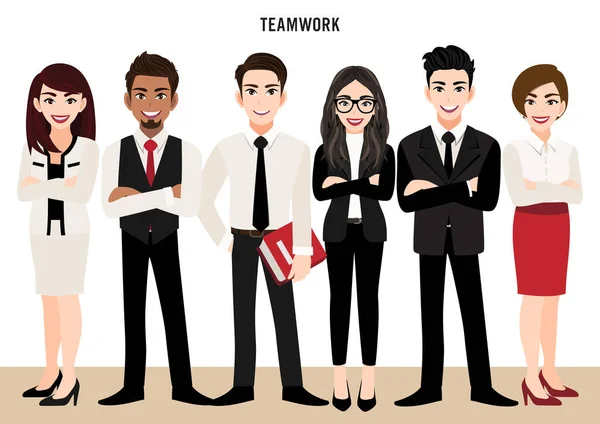 Personaggio Dei Cartoni Animati Con Business Team Set Leadership Concetto — Vettoriale Stock