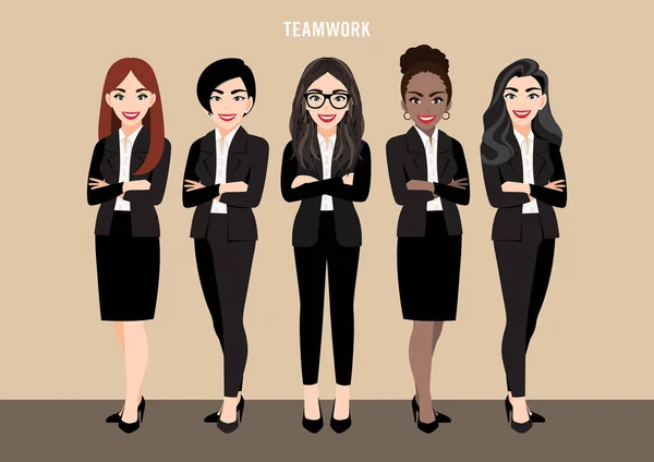 Cartoon Karakter Met Business Team Set Leiderschap Concept Met Zakenvrouwen — Stockvector