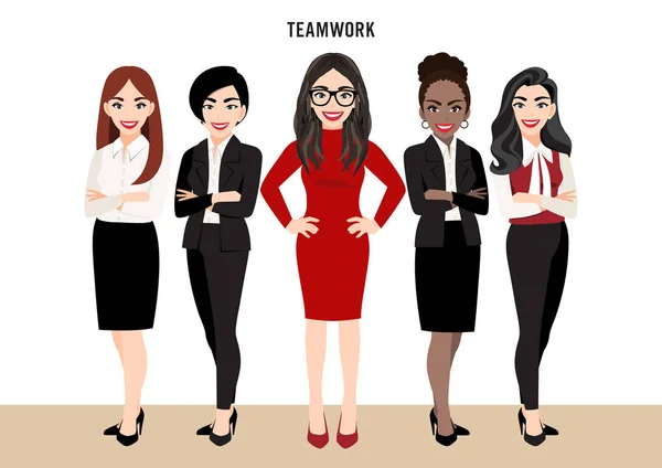 Cartoon Karakter Met Business Team Set Leiderschap Concept Met Zakenvrouwen — Stockvector