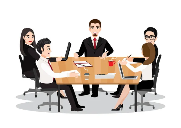Cartoon Postava Obchodníky Diskutovat Společně Konferenční Místnosti Během Setkání Kanceláři — Stockový vektor