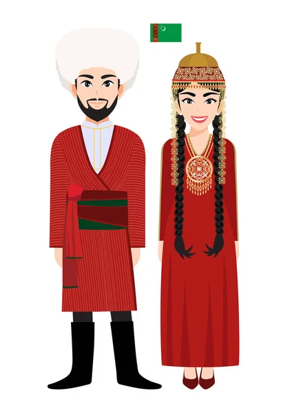 Paar Comic Figuren Turkmenistan Tracht Vektor — Stockvektor