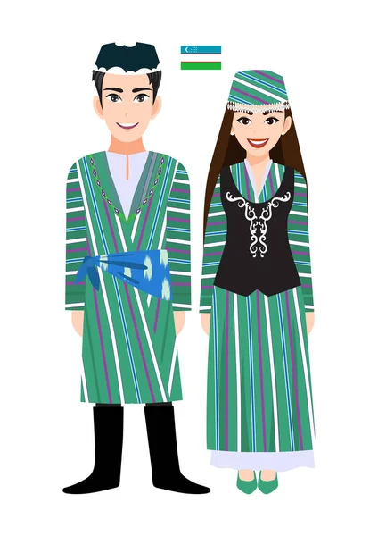 Coppia Personaggi Dei Cartoni Animati Uzbekistan Vettore Costume Tradizionale — Vettoriale Stock