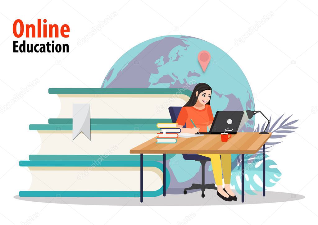 Online courses concept, the person gains knowledge for success and better ideas. Education, online business, distance education, online books and study guides, exam preparation, homeschooling, vector