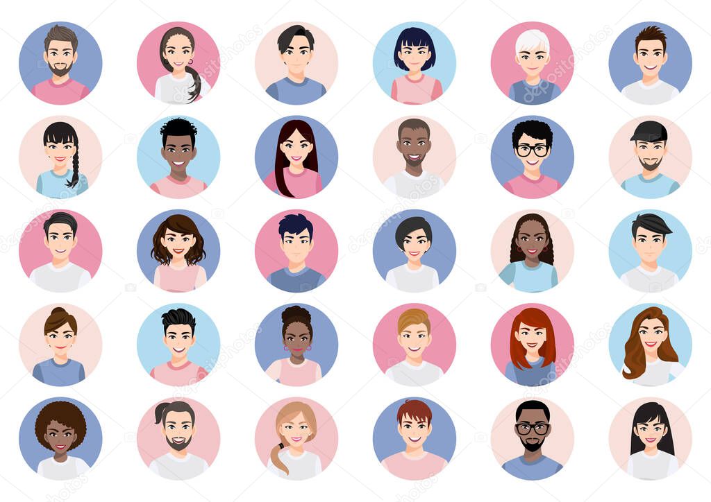 Big bundle of different people avatars. Set of male and female portraits. Men and women avatar characters. User pic, face icons for representing person in a video game, Internet forum, account. Vector